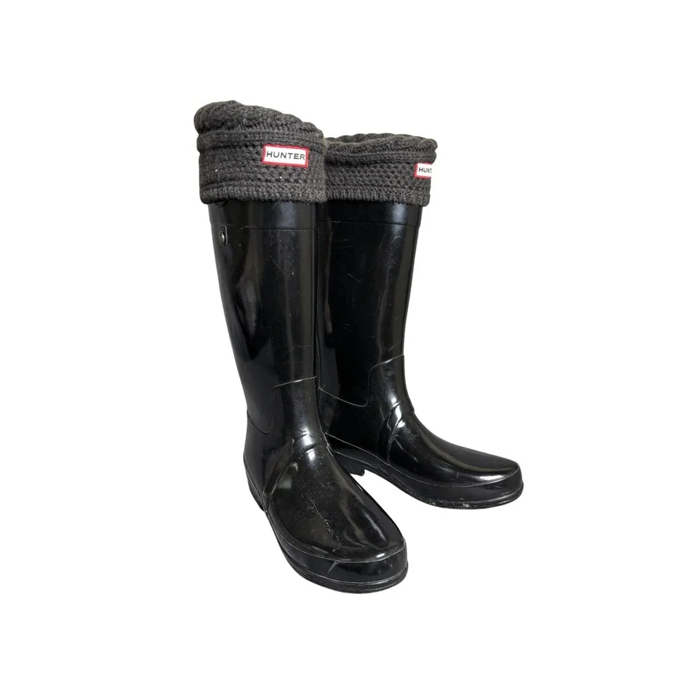 Hunter Women's Black Rain Boots with Charcoal Knit Cuffs